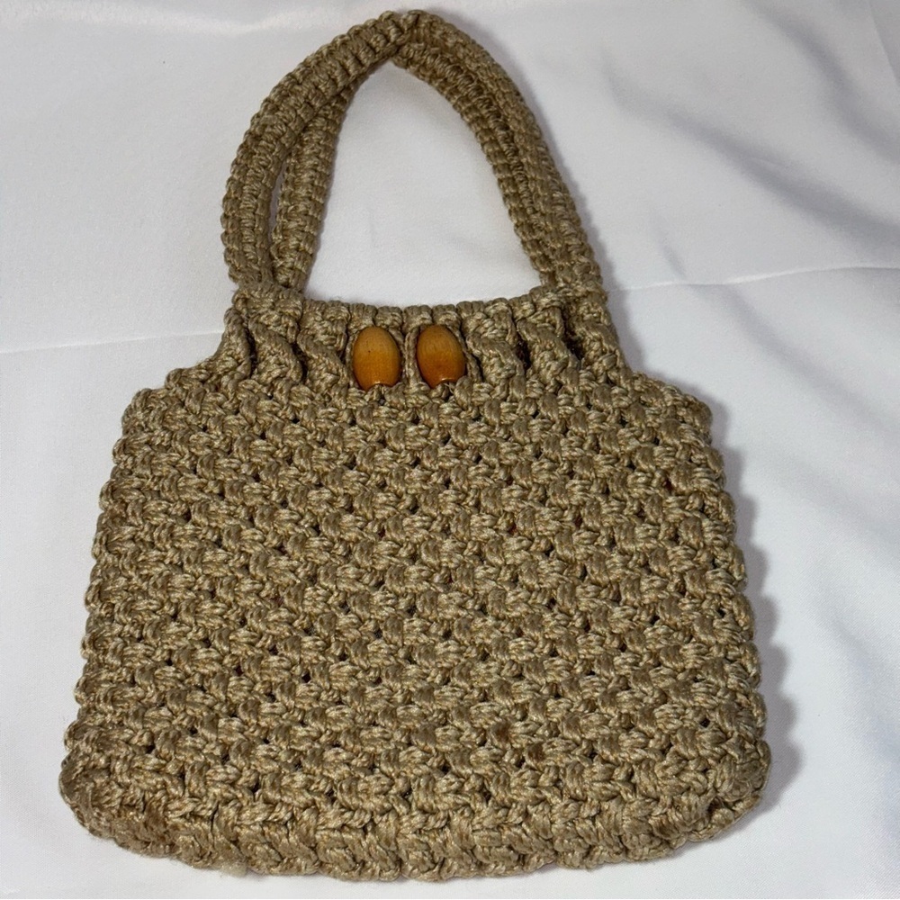 Vintage Macrame Handbag Purse Tan Boho Hippie Handcrafted Tan Woven Bag